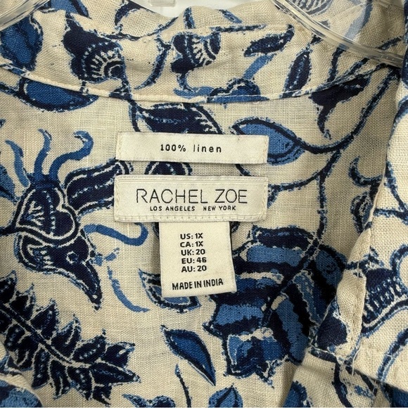 Rachel Zoe Size 1X Women’s 100% Linen Cream Blue Floral Popover Tunic Blouse - Picture 7 of 9
